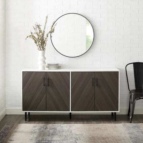Buffet de 147 cm de style Mid-Century Modern avec 4 portes bookmatch et pieds fuselés