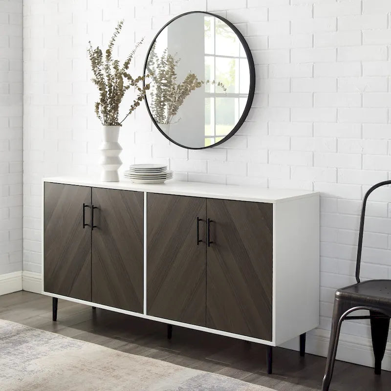Buffet de 147 cm de style Mid-Century Modern avec 4 portes bookmatch et pieds fuselés