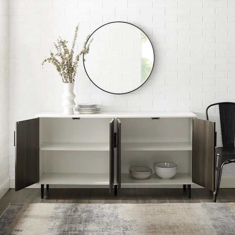 Buffet de 147 cm de style Mid-Century Modern avec 4 portes bookmatch et pieds fuselés