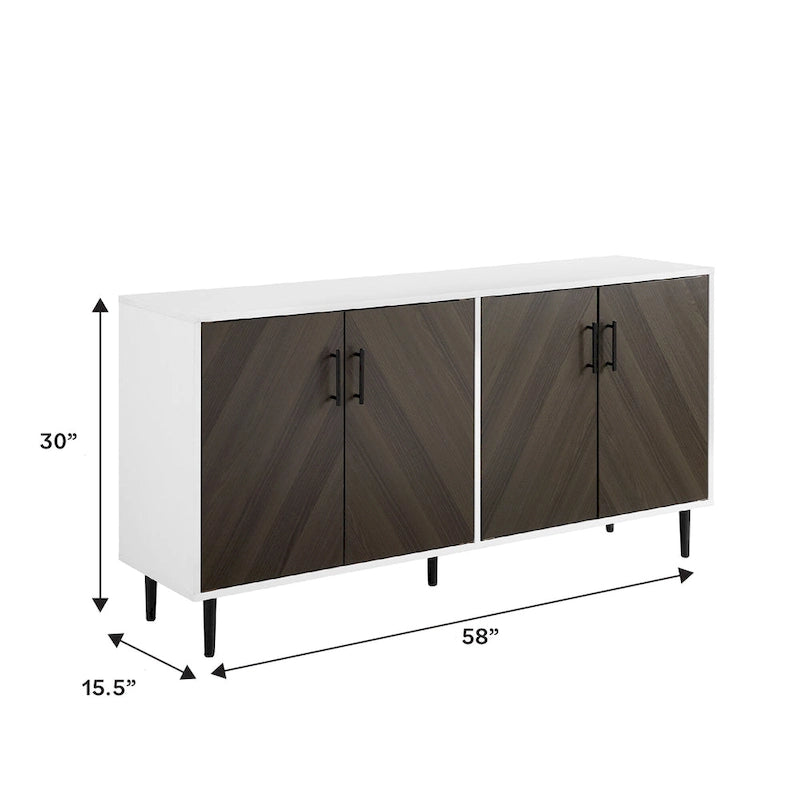 Buffet de 147 cm de style Mid-Century Modern avec 4 portes bookmatch et pieds fuselés