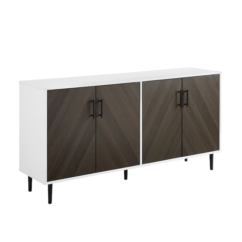 Buffet de 147 cm de style Mid-Century Modern avec 4 portes bookmatch et pieds fuselés