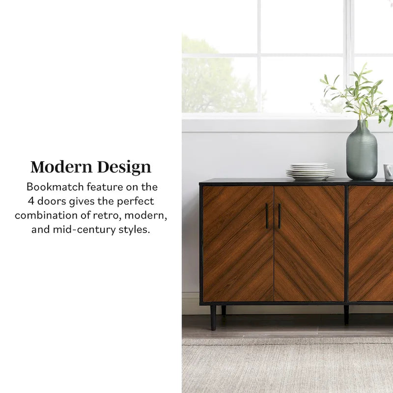 Buffet de 147 cm de style Mid-Century Modern avec 4 portes bookmatch et pieds fuselés