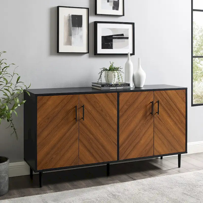 Buffet de 147 cm de style Mid-Century Modern avec 4 portes bookmatch et pieds fuselés