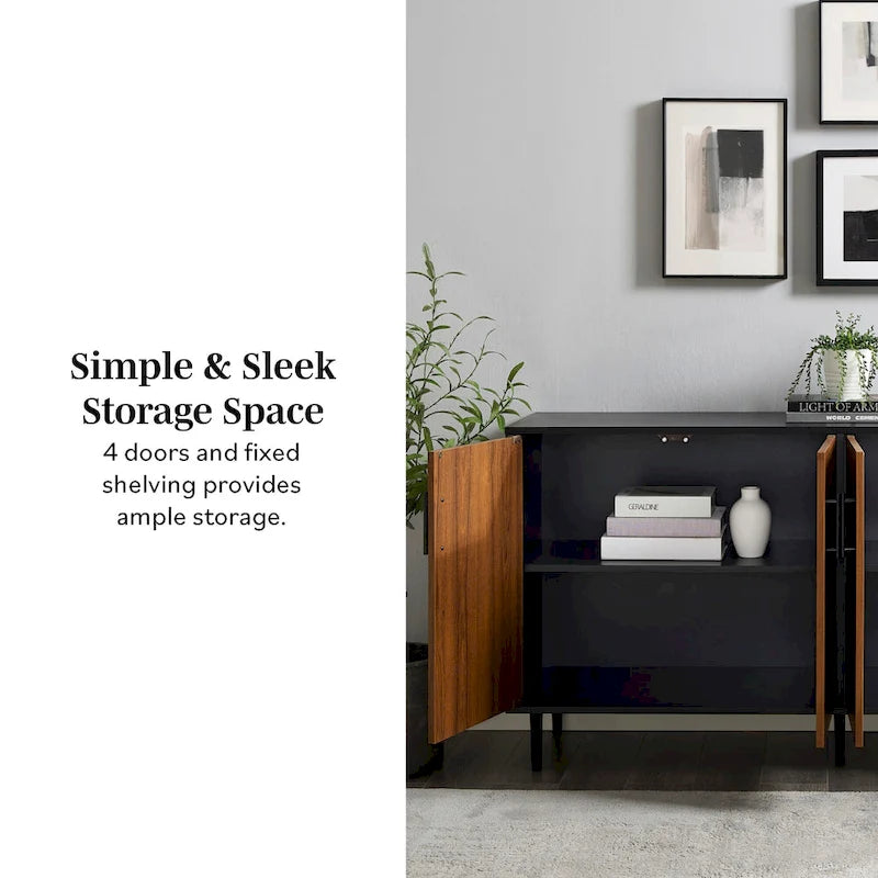 Buffet de 147 cm de style Mid-Century Modern avec 4 portes bookmatch et pieds fuselés