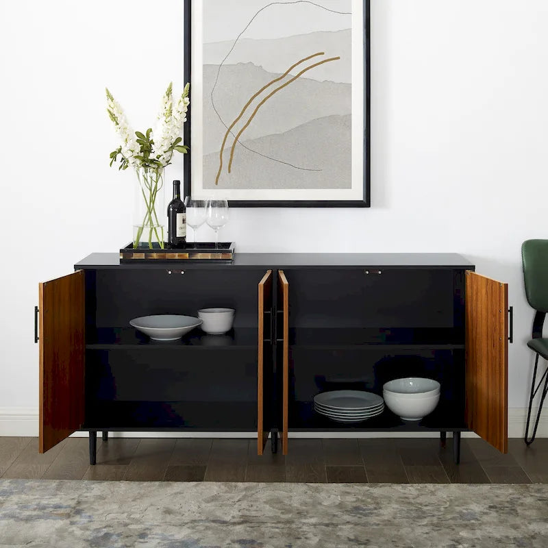 Buffet de 147 cm de style Mid-Century Modern avec 4 portes bookmatch et pieds fuselés