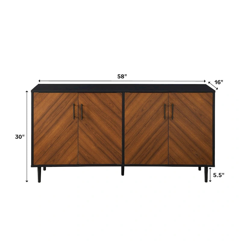 Buffet de 147 cm de style Mid-Century Modern avec 4 portes bookmatch et pieds fuselés