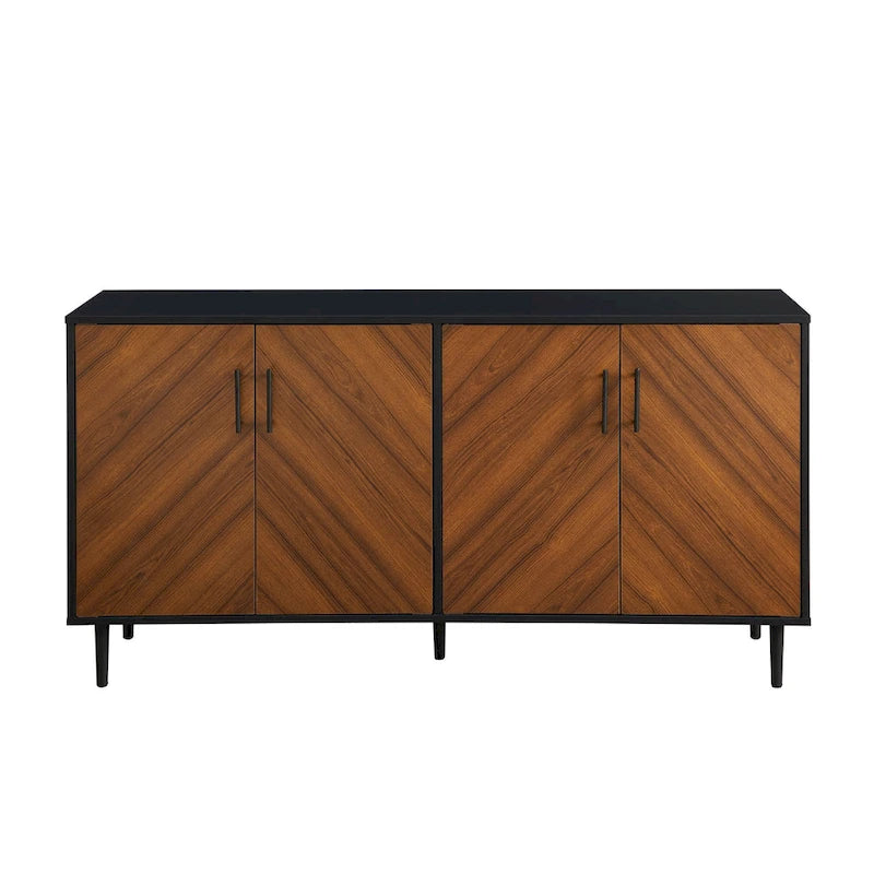 Buffet de 147 cm de style Mid-Century Modern avec 4 portes bookmatch et pieds fuselés