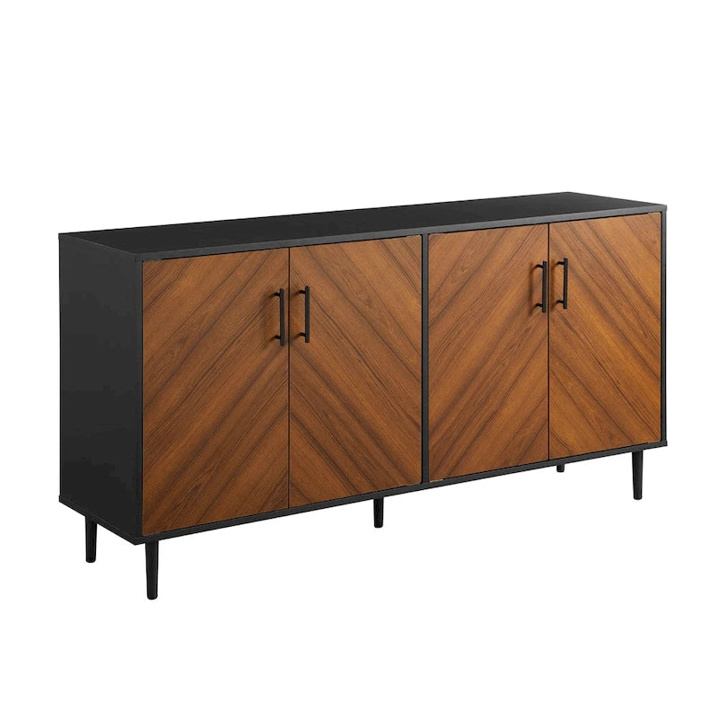 Buffet de 147 cm de style Mid-Century Modern avec 4 portes bookmatch et pieds fuselés