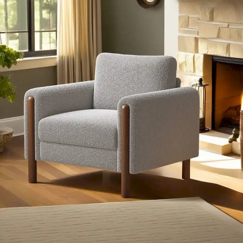Fauteuil d'appoint surdimensionné en velours Teddy avec accoudoirs incurvés et pieds en noyer