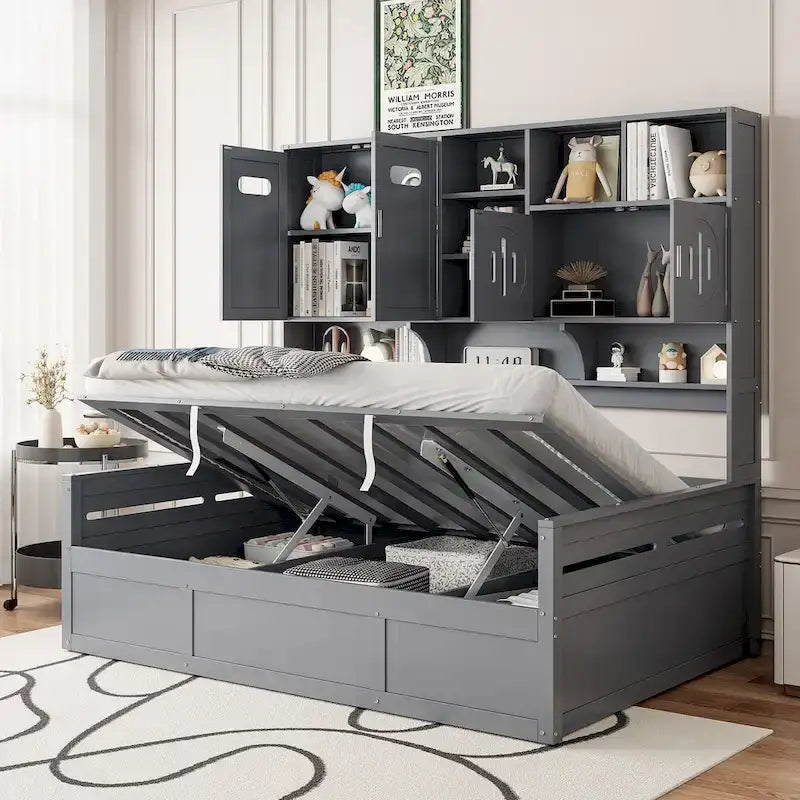 Lit de repos hydraulique avec tête de lit bibliothèque et armoire