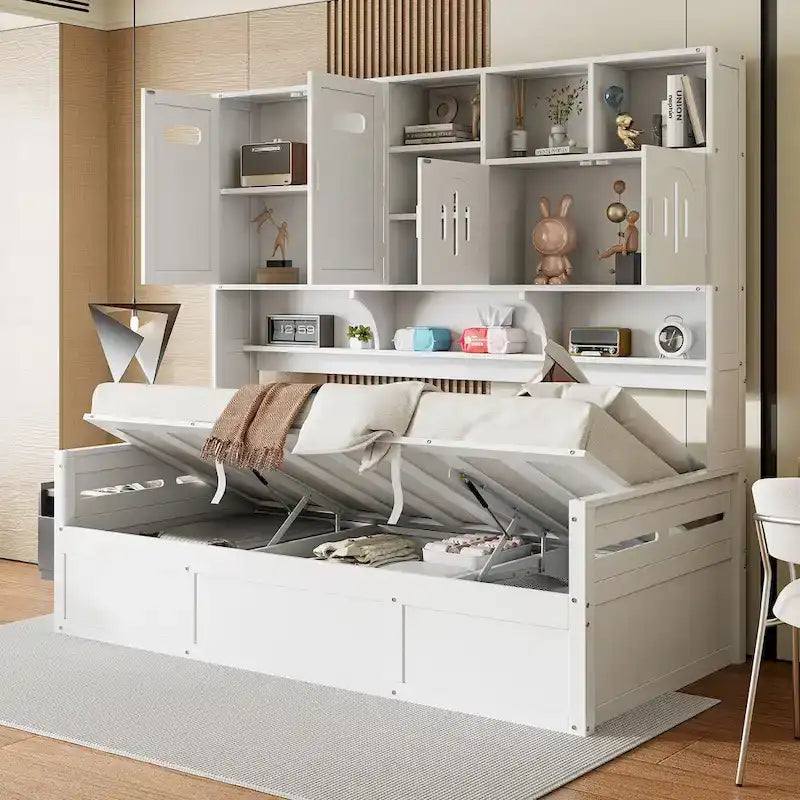 Lit de repos hydraulique avec tête de lit bibliothèque et armoire