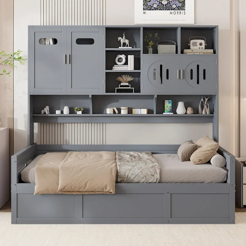 Lit de repos hydraulique avec tête de lit bibliothèque et armoire