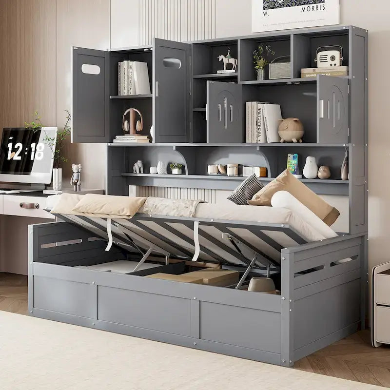 Lit de repos hydraulique avec tête de lit bibliothèque et armoire