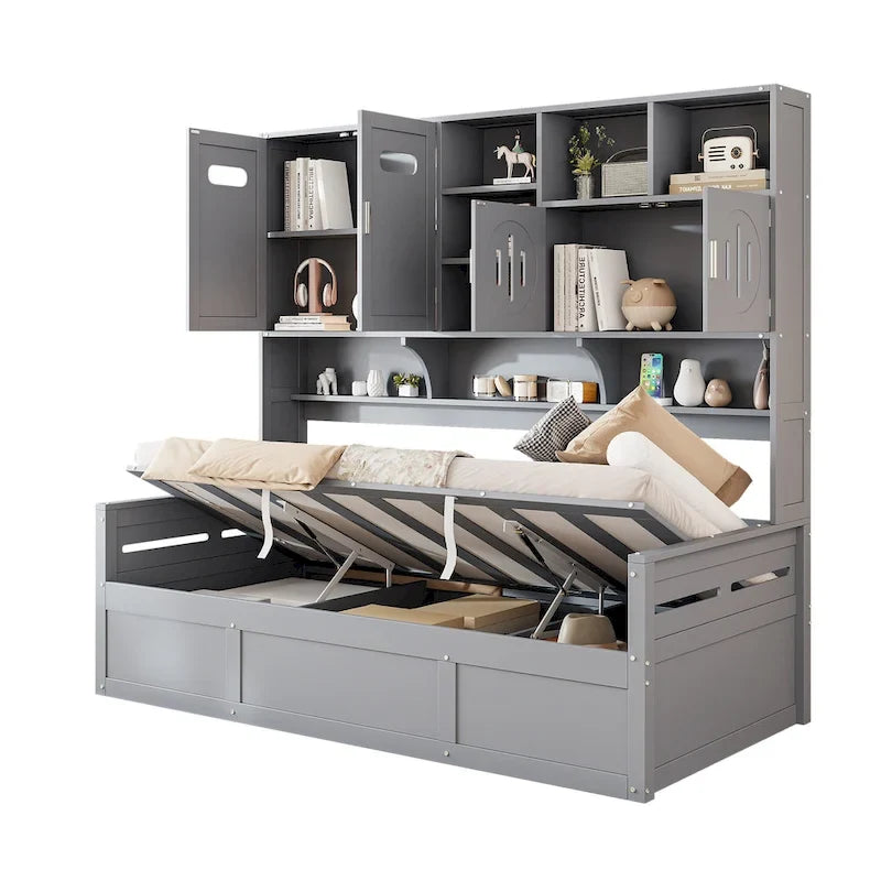 Lit de repos hydraulique avec tête de lit bibliothèque et armoire