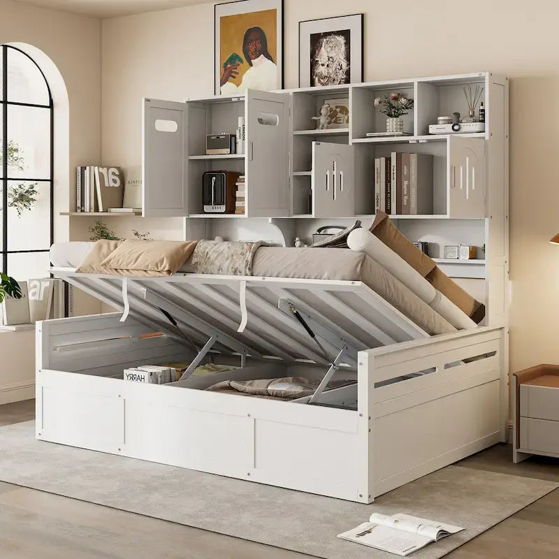 Lit de repos hydraulique avec tête de lit bibliothèque et armoire