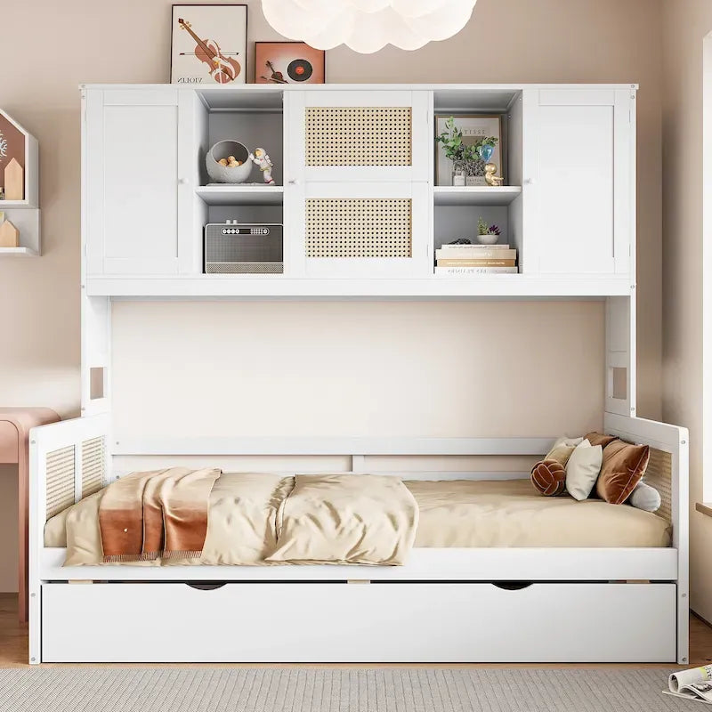 Lit de repos en bois avec lit gigogne, tête de lit bibliothèque et armoire de rangement