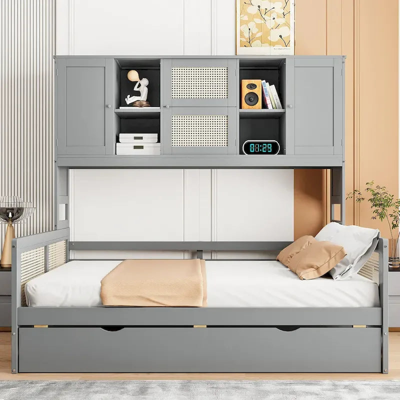 Large Bookcase Daybed Wooden Bed with Trundle and Top Storage Cabinet