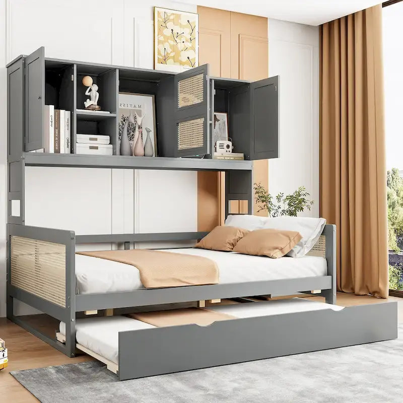 Lit de repos en bois avec lit gigogne, tête de lit bibliothèque et armoire de rangement