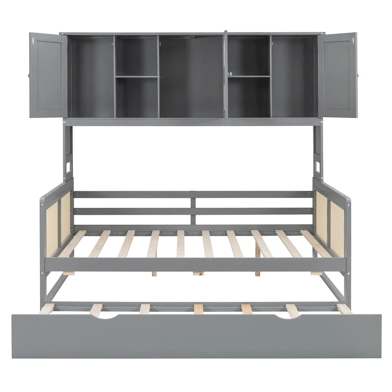 Lit de repos en bois avec lit gigogne, tête de lit bibliothèque et armoire de rangement