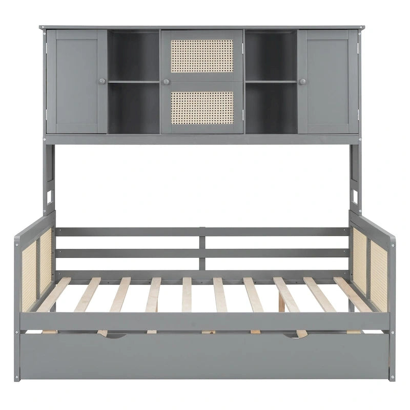 Lit de repos en bois avec lit gigogne, tête de lit bibliothèque et armoire de rangement