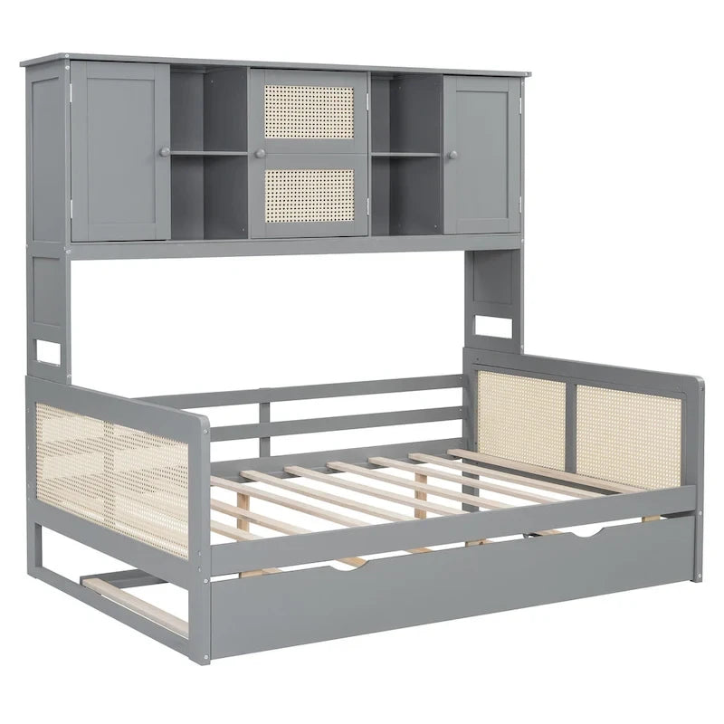 Lit de repos en bois avec lit gigogne, tête de lit bibliothèque et armoire de rangement