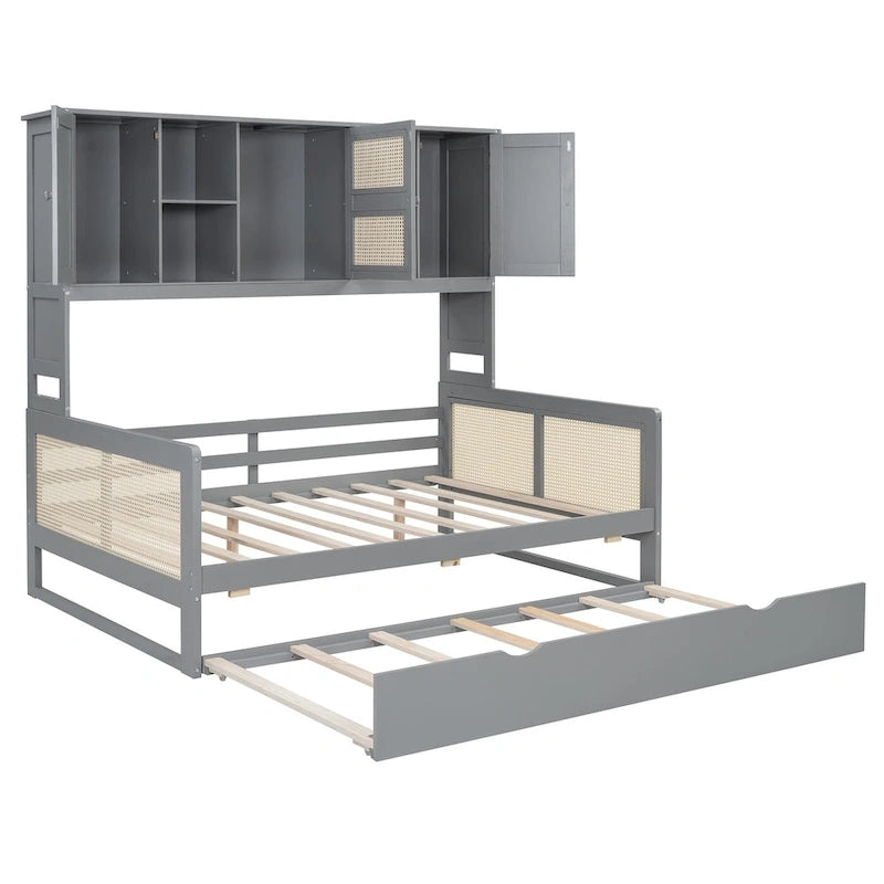 Lit de repos en bois avec lit gigogne, tête de lit bibliothèque et armoire de rangement