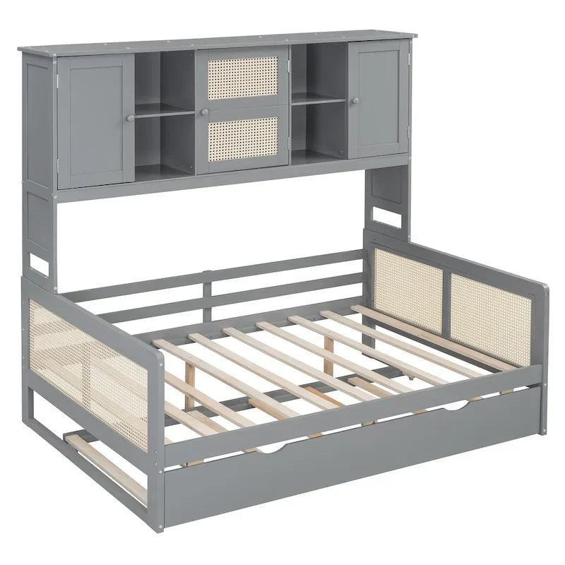 Lit de repos en bois avec lit gigogne, tête de lit bibliothèque et armoire de rangement