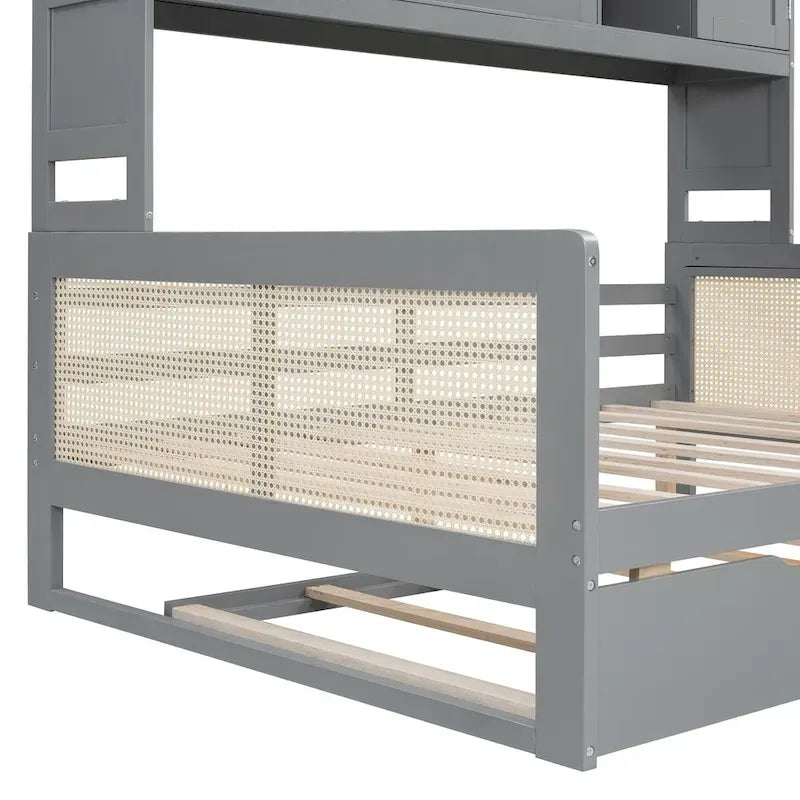 Lit de repos en bois avec lit gigogne, tête de lit bibliothèque et armoire de rangement