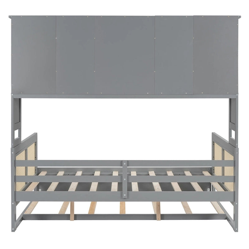 Lit de repos en bois avec lit gigogne, tête de lit bibliothèque et armoire de rangement