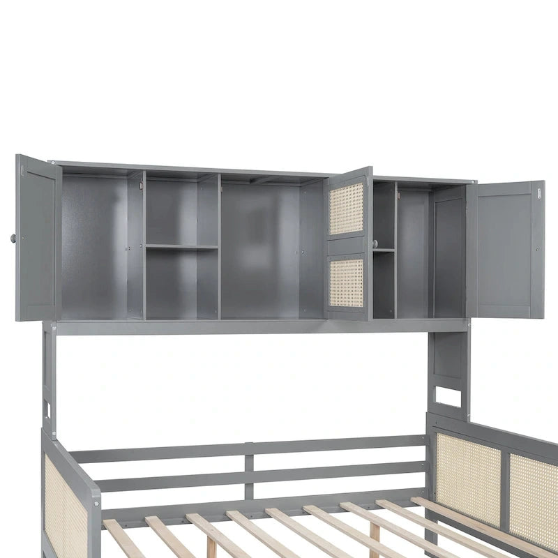 Lit de repos en bois avec lit gigogne, tête de lit bibliothèque et armoire de rangement