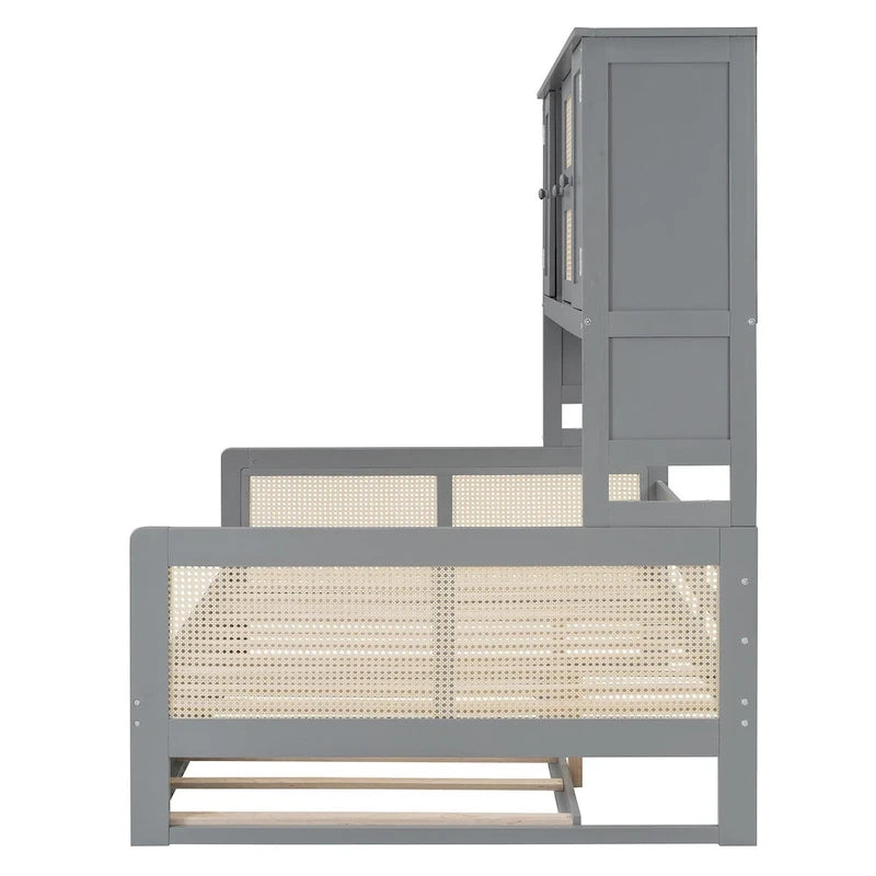 Lit de repos en bois avec lit gigogne, tête de lit bibliothèque et armoire de rangement