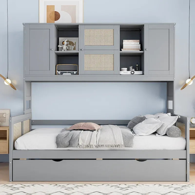 Lit de repos en bois avec lit gigogne, tête de lit bibliothèque et armoire de rangement