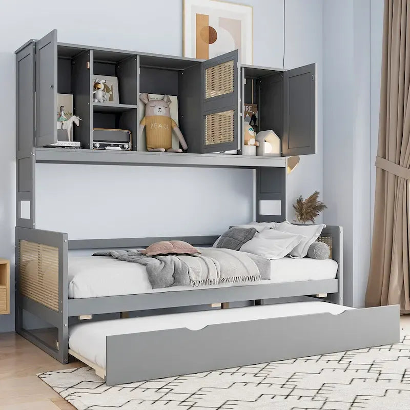 Lit de repos en bois avec lit gigogne, tête de lit bibliothèque et armoire de rangement