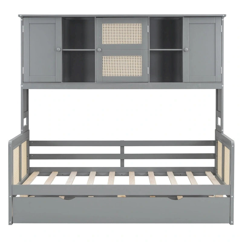 Lit de repos en bois avec lit gigogne, tête de lit bibliothèque et armoire de rangement