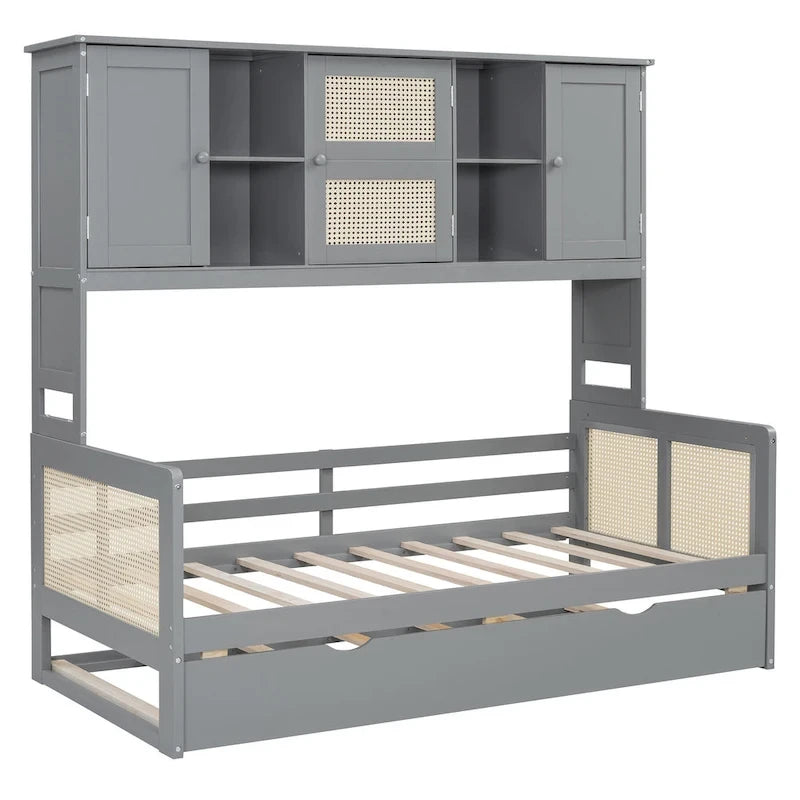 Lit de repos en bois avec lit gigogne, tête de lit bibliothèque et armoire de rangement