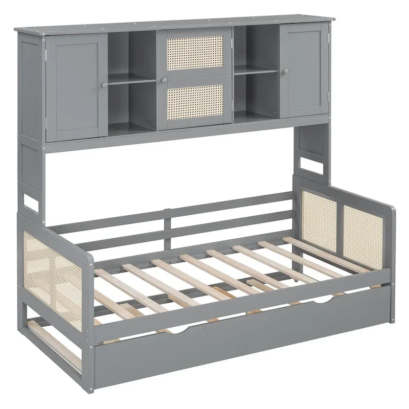 Lit de repos en bois avec lit gigogne, tête de lit bibliothèque et armoire de rangement