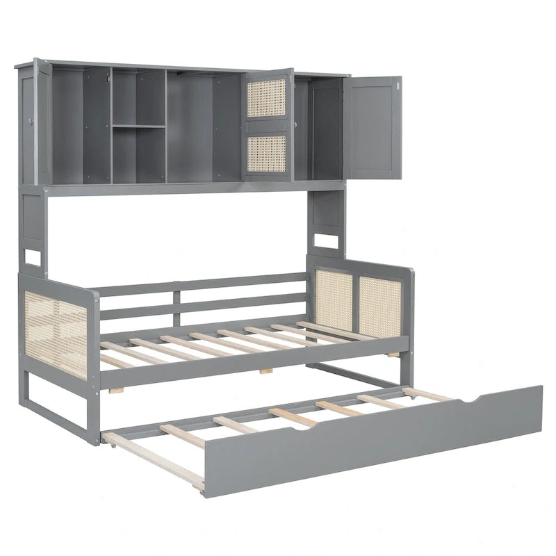 Lit de repos en bois avec lit gigogne, tête de lit bibliothèque et armoire de rangement