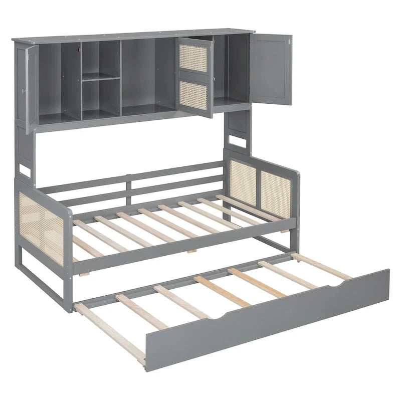 Lit de repos en bois avec lit gigogne, tête de lit bibliothèque et armoire de rangement