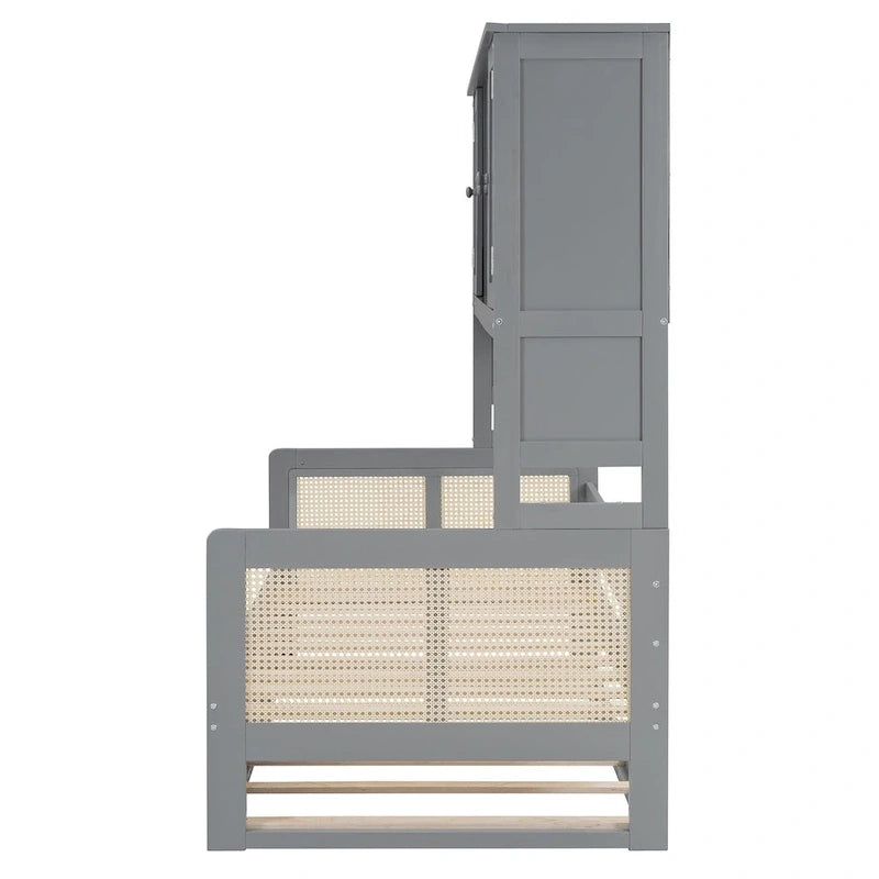 Lit de repos en bois avec lit gigogne, tête de lit bibliothèque et armoire de rangement