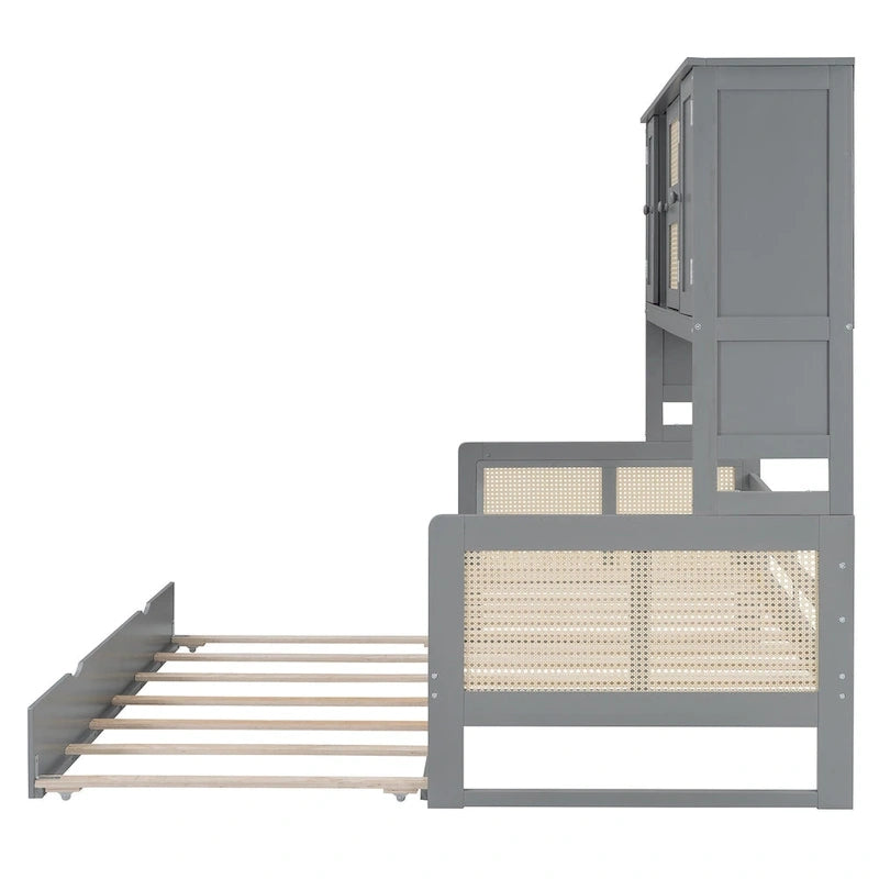 Lit de repos en bois avec lit gigogne, tête de lit bibliothèque et armoire de rangement