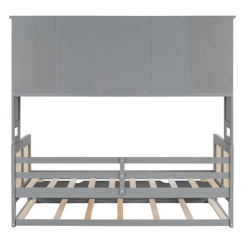 Lit de repos en bois avec lit gigogne, tête de lit bibliothèque et armoire de rangement