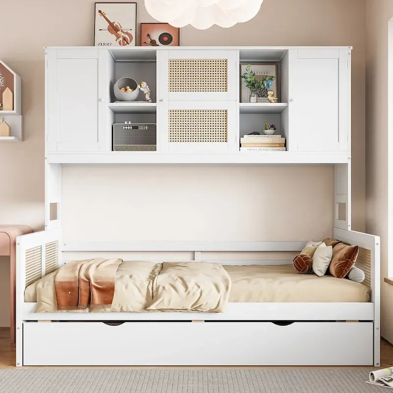Lit de repos en bois avec lit gigogne, tête de lit bibliothèque et armoire de rangement