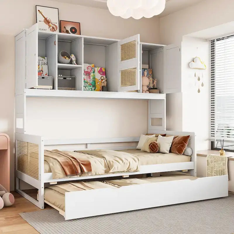 Lit de repos en bois avec lit gigogne, tête de lit bibliothèque et armoire de rangement