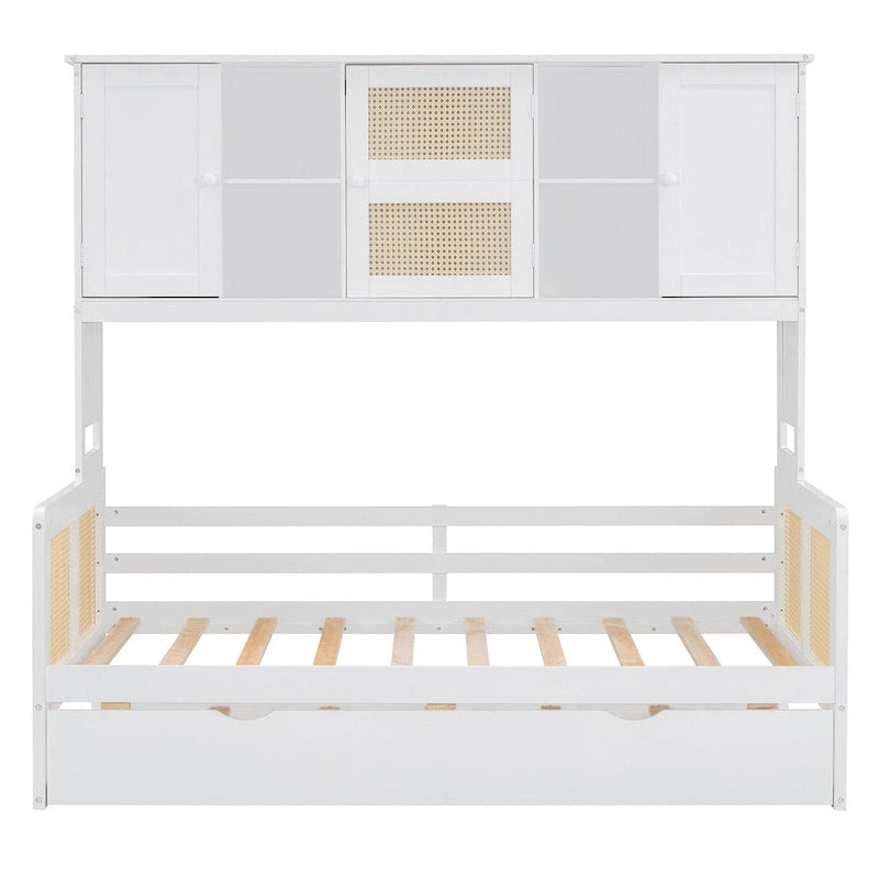 Lit de repos en bois avec lit gigogne, tête de lit bibliothèque et armoire de rangement