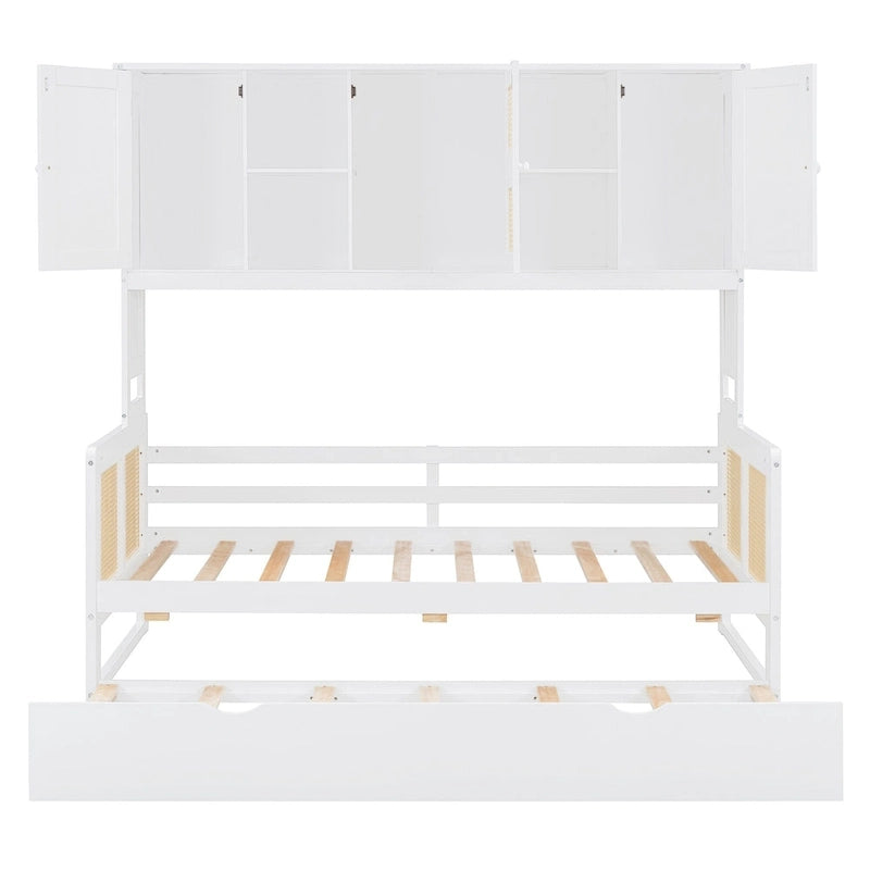 Lit de repos en bois avec lit gigogne, tête de lit bibliothèque et armoire de rangement