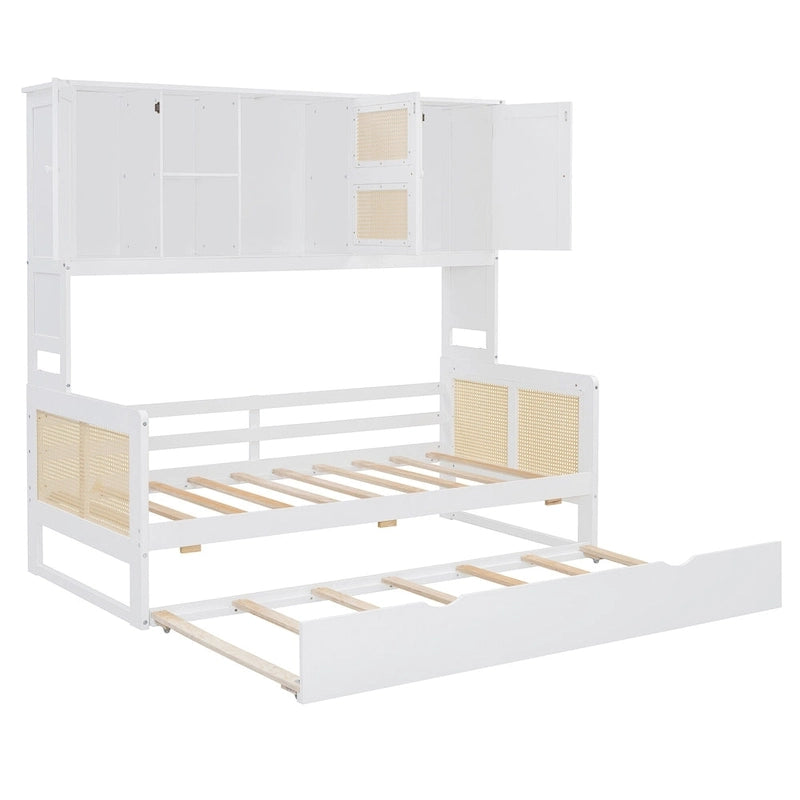 Lit de repos en bois avec lit gigogne, tête de lit bibliothèque et armoire de rangement