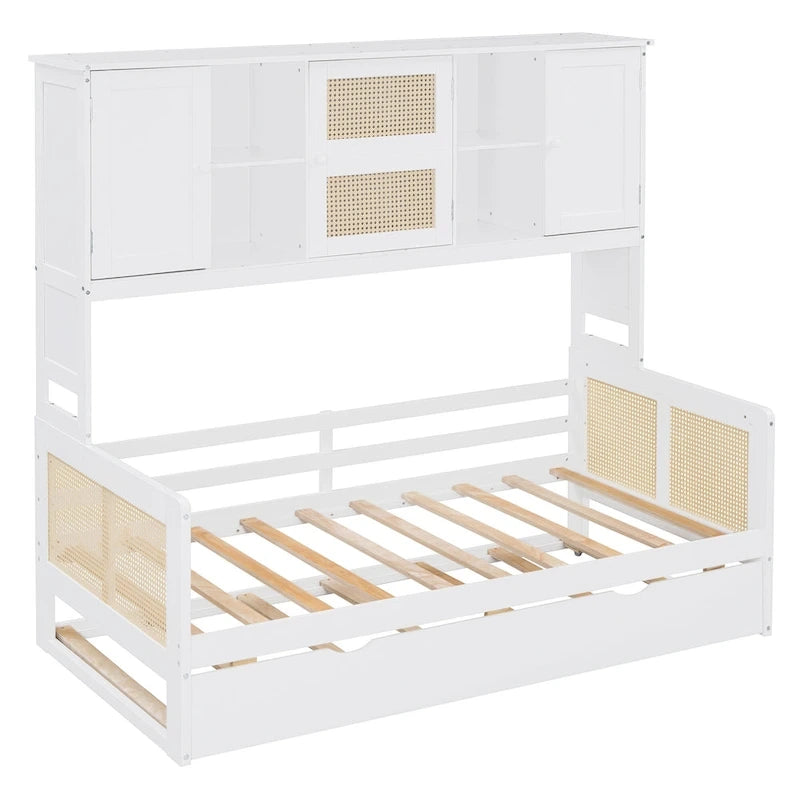 Lit de repos en bois avec lit gigogne, tête de lit bibliothèque et armoire de rangement