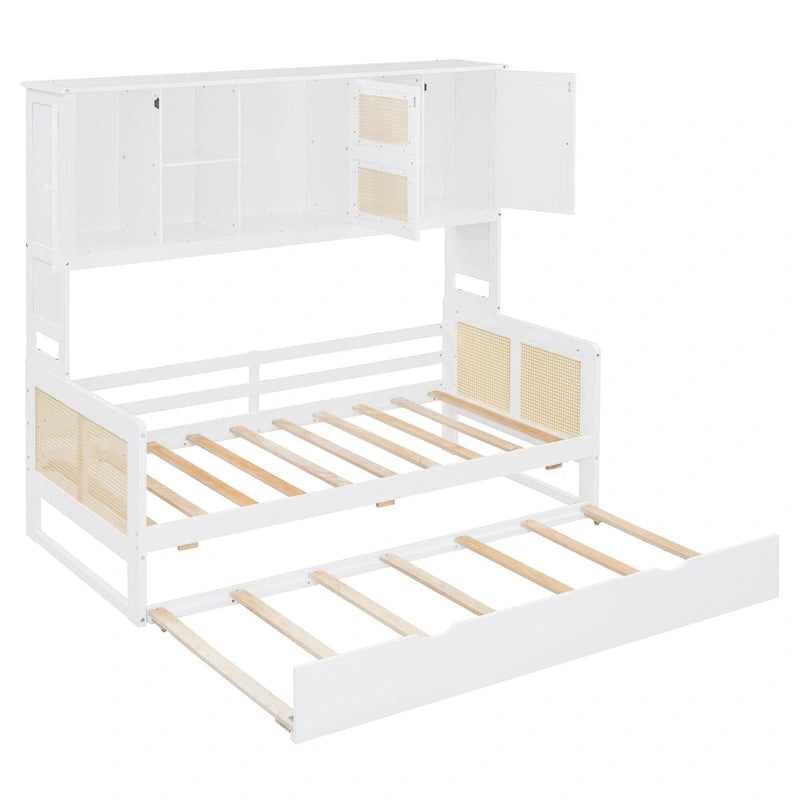 Lit de repos en bois avec lit gigogne, tête de lit bibliothèque et armoire de rangement