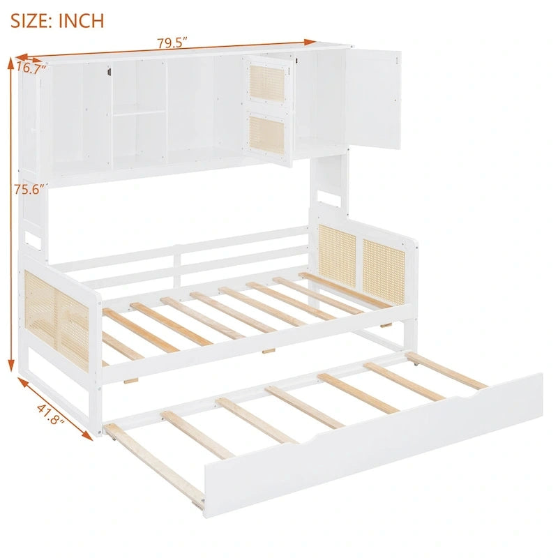 Lit de repos en bois avec lit gigogne, tête de lit bibliothèque et armoire de rangement