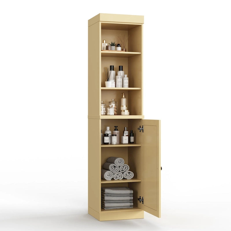 Armoire haute en bois massif avec étagères réglables et portes à panneaux surélevés